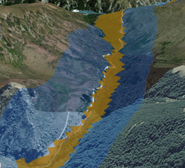 Road with a 50 meter downslope buffer overlaid on a 50 meter straight-line buffer Road with a 50 meter downslope buffer overlaid on a 50 meter straight-line buffer